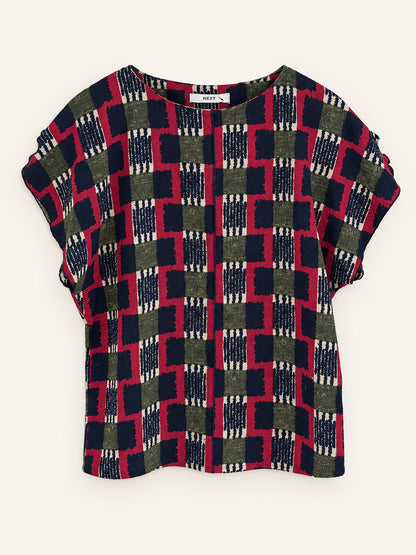 Pink, Navy & Khaki Geometric Print Blouse