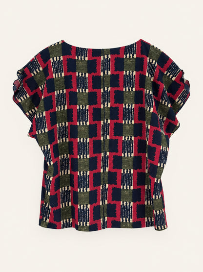 Pink, Navy & Khaki Geometric Print Blouse