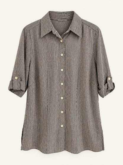 Brown & White Fine Check Longline Shirt