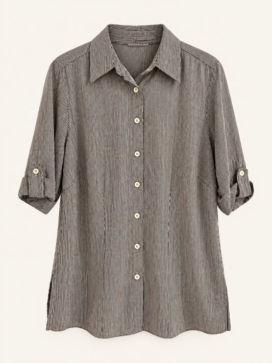 Brown & White Fine Check Longline Shirt