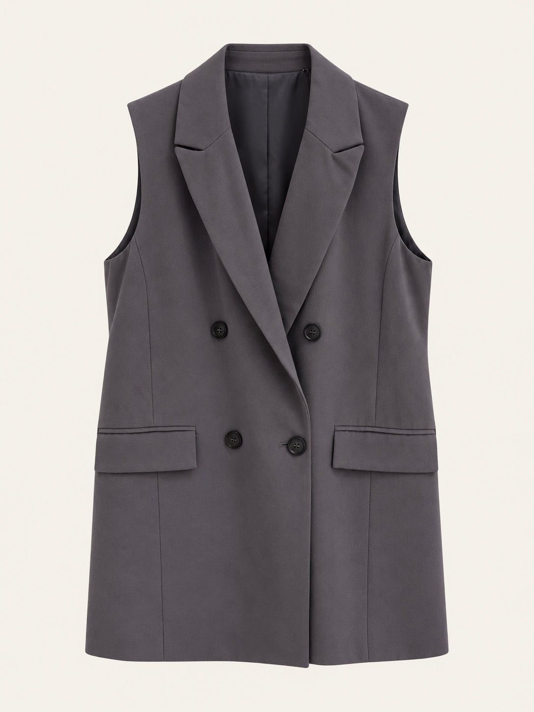 Charcoal Grey Double-Breasted Longline Sleeveless Blazer