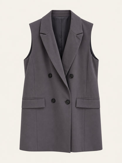 Charcoal Grey Double-Breasted Longline Sleeveless Blazer