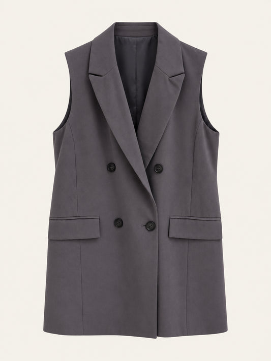 Charcoal Grey Double-Breasted Longline Sleeveless Blazer