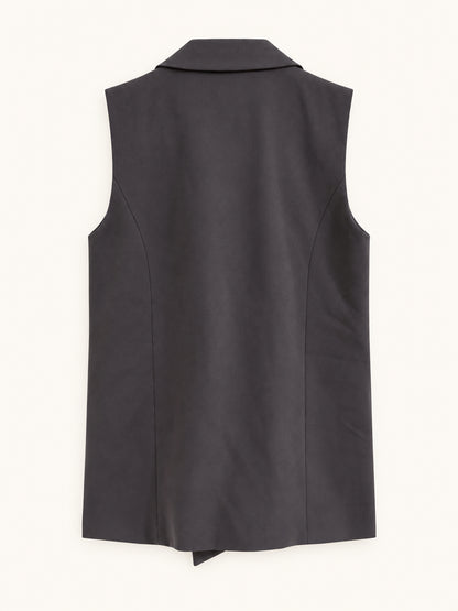 Charcoal Grey Double-Breasted Longline Sleeveless Blazer