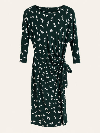 Forest Green & White Bird Print Ruched Midi Dress