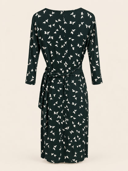Forest Green & White Bird Print Ruched Midi Dress