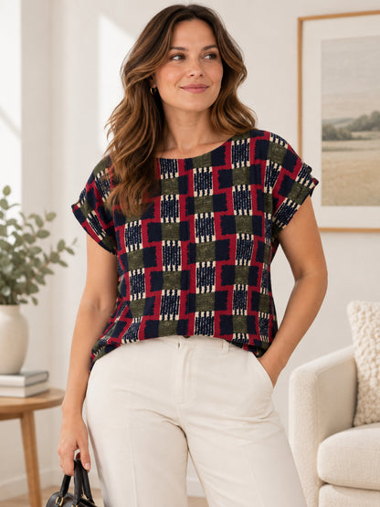 Pink, Navy & Khaki Geometric Print Blouse