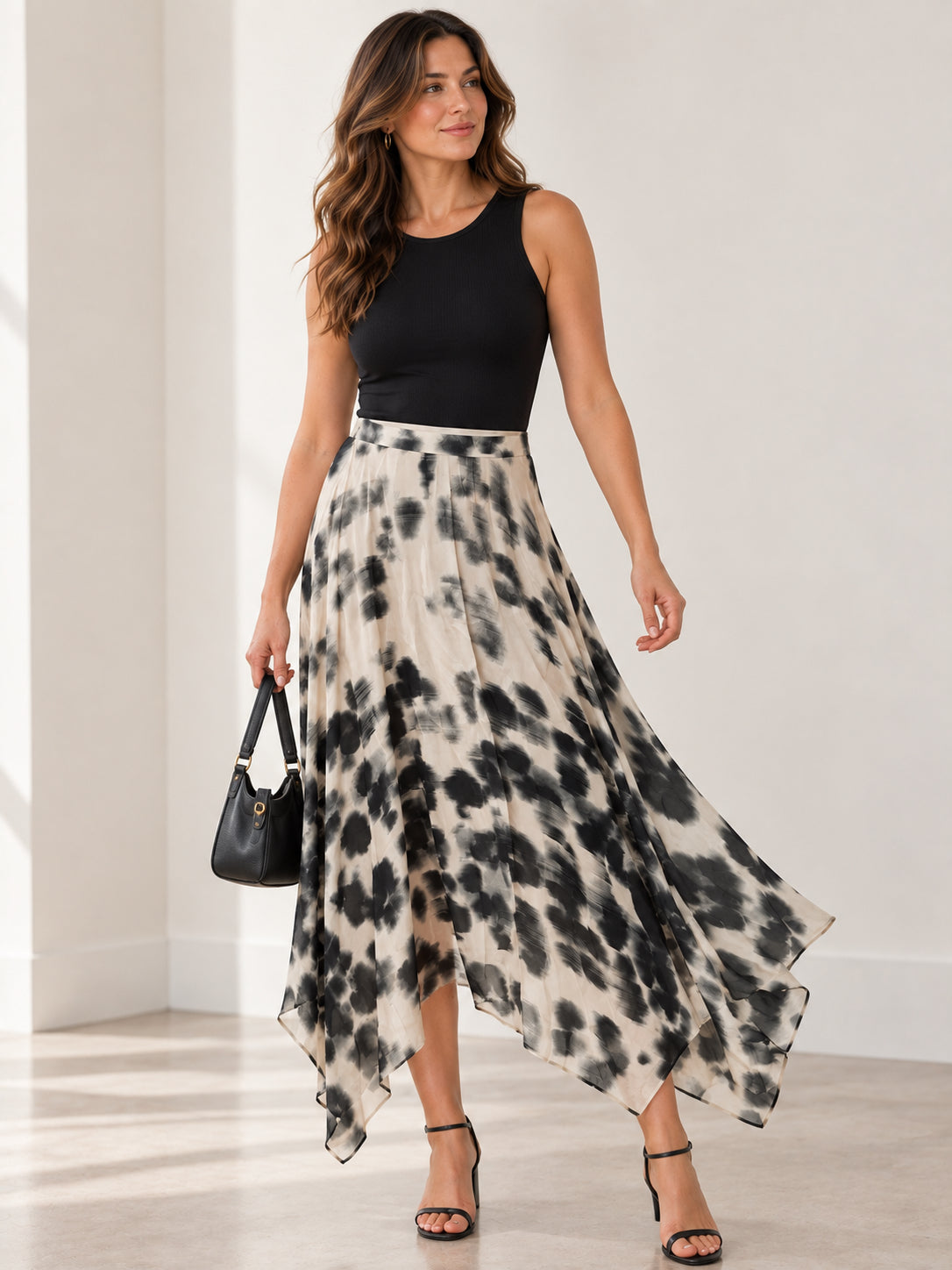 Cream & Black Abstract Print Handkerchief Midi Skirt