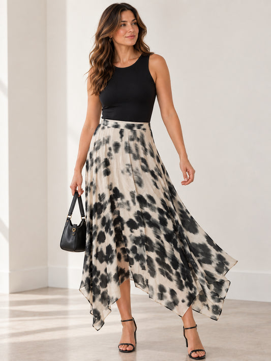 Cream & Black Abstract Print Handkerchief Midi Skirt