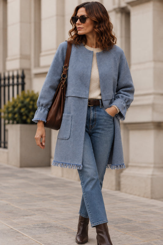 Blue Textured Fringed Longline Coat