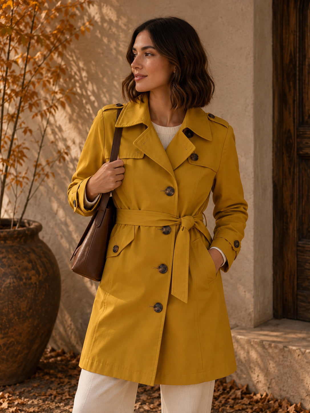Mustard Yellow Mid-Length Trench Coat
