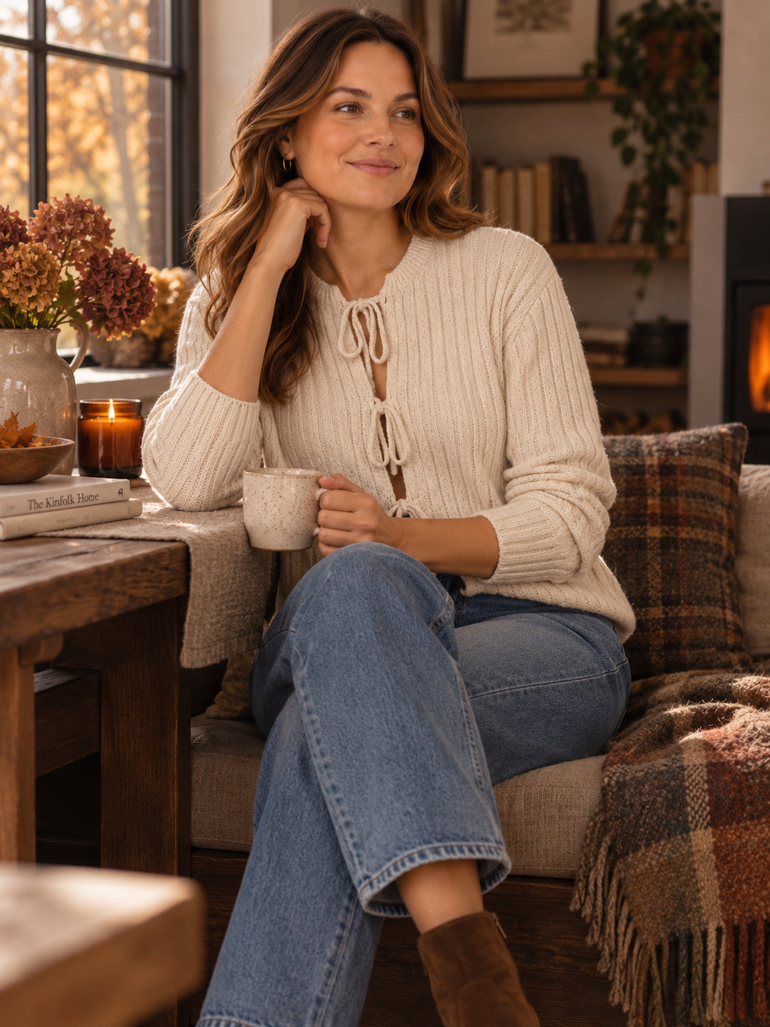Cream Ribbed Tie Front Cardigan