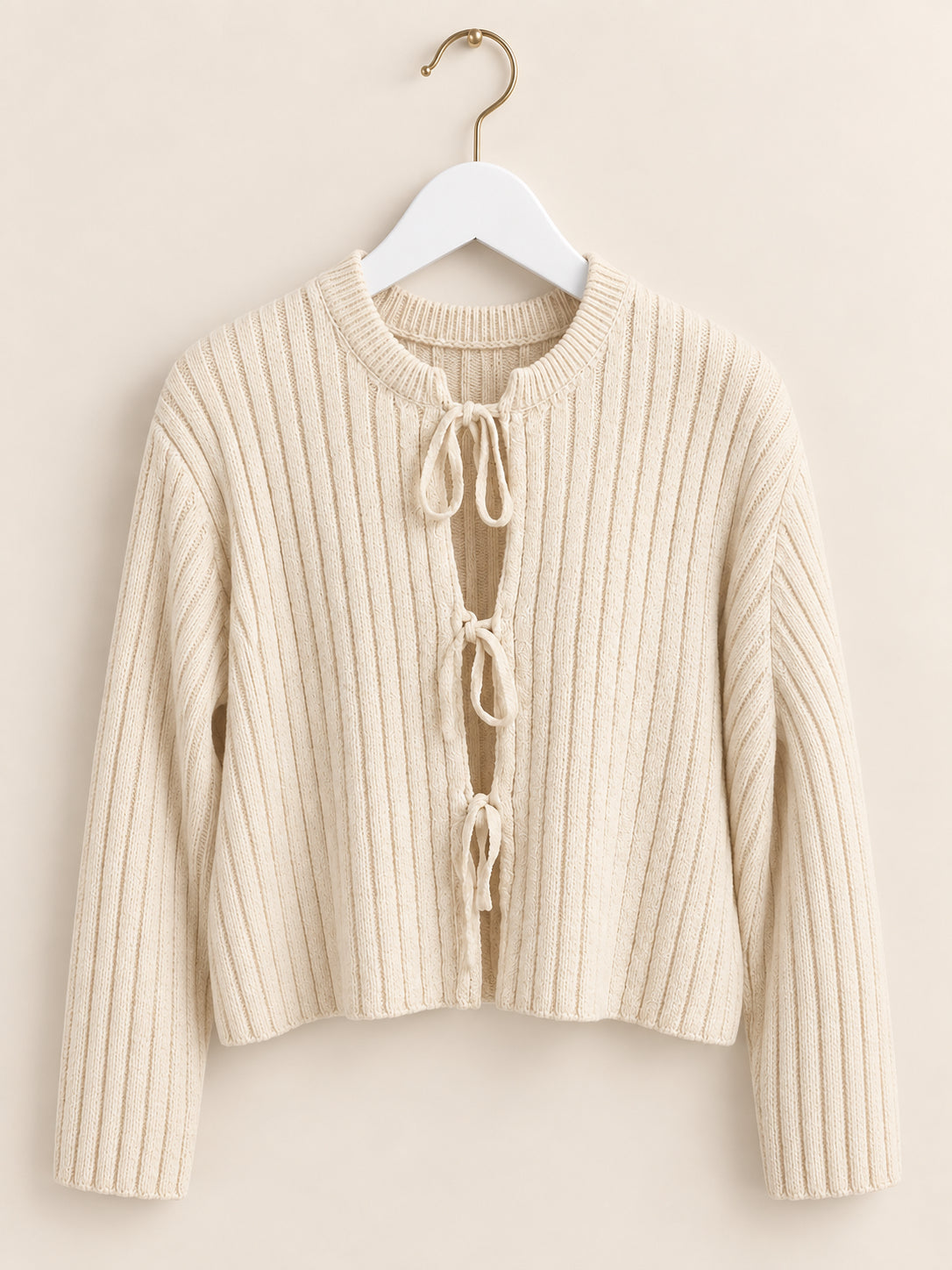 Cream Ribbed Tie Front Cardigan