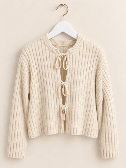 Cream Ribbed Tie Front Cardigan