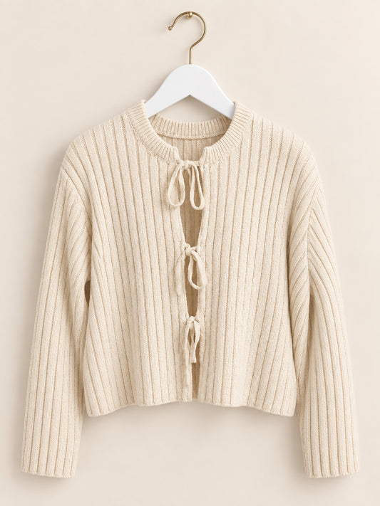 Cream Ribbed Tie Front Cardigan
