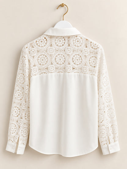 White Lace Panel Long Sleeve Blouse