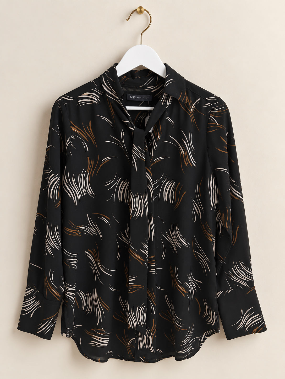 Black Abstract Print Tie Neck Blouse