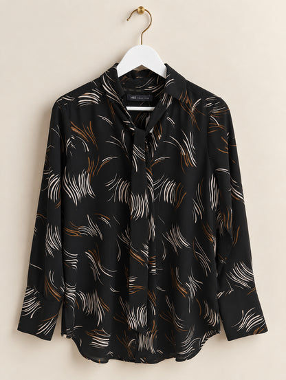 Black Abstract Print Tie Neck Blouse