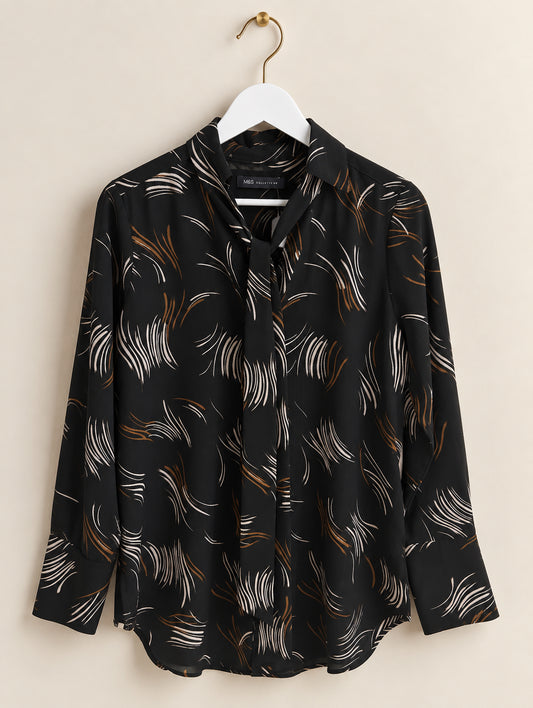 Black Abstract Print Tie Neck Blouse
