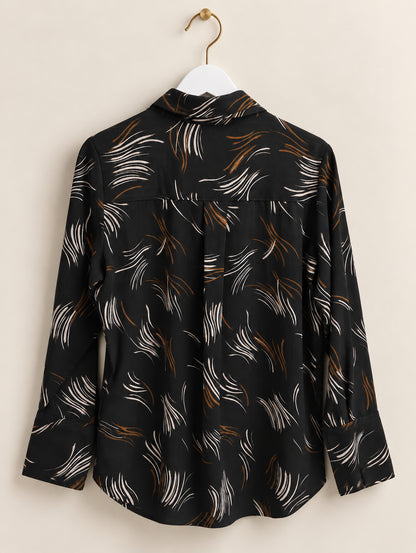 Black Abstract Print Tie Neck Blouse