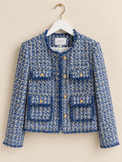 Blue Wool Blend Bouclé Gold Button Blazer