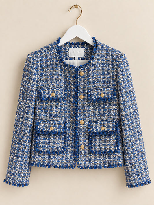 Blue Wool Blend Bouclé Gold Button Blazer