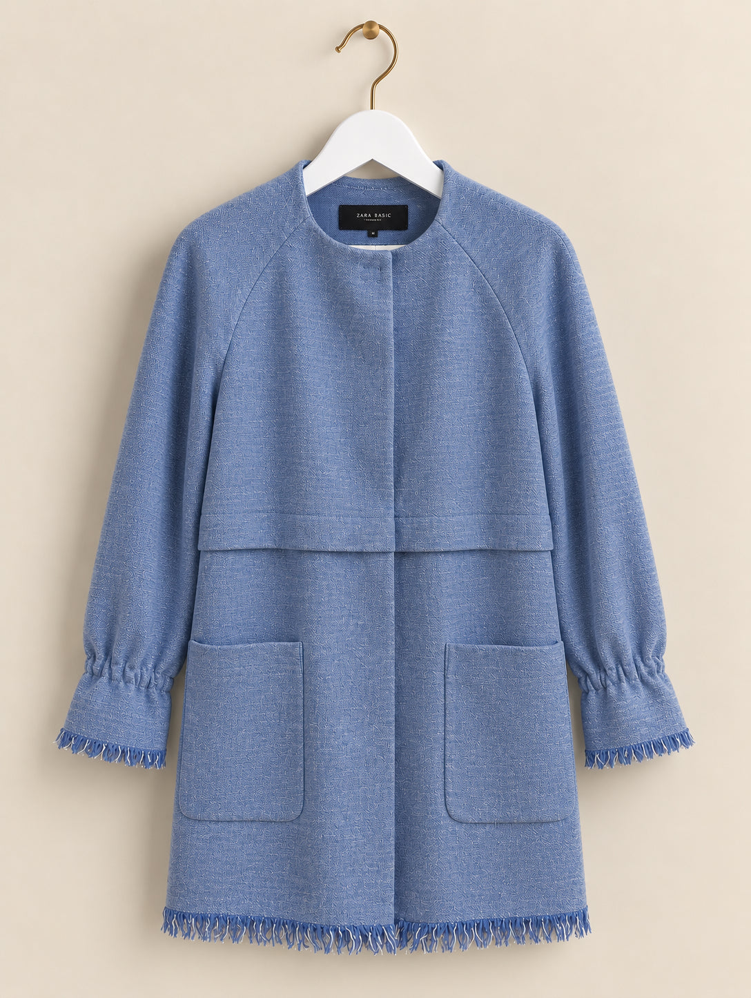 Blue Textured Fringed Longline Coat