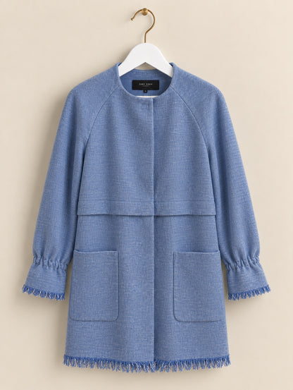 Blue Textured Fringed Longline Coat