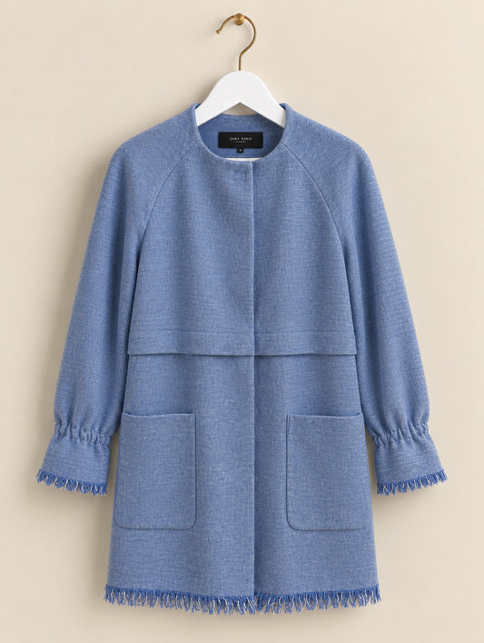 Blue Textured Fringed Longline Coat