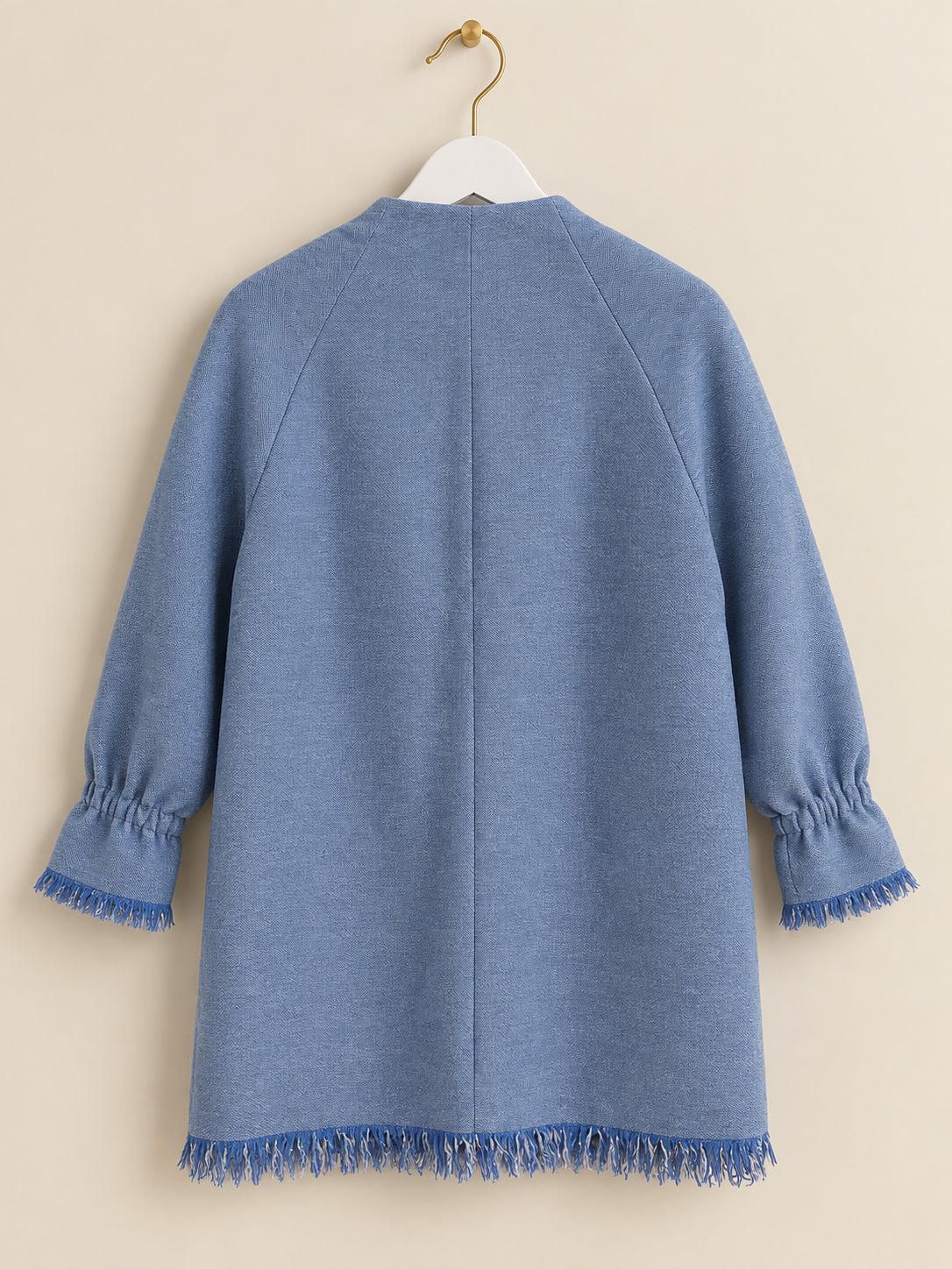 Blue Textured Fringed Longline Coat