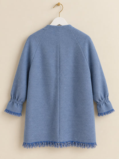 Blue Textured Fringed Longline Coat