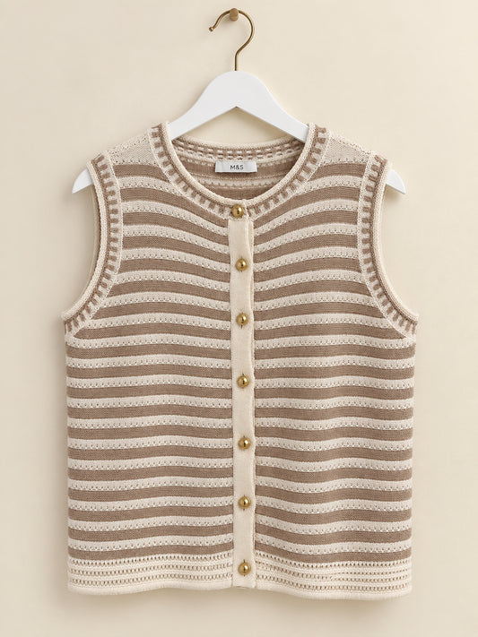 Beige & Cream Striped Sleeveless Cardigan