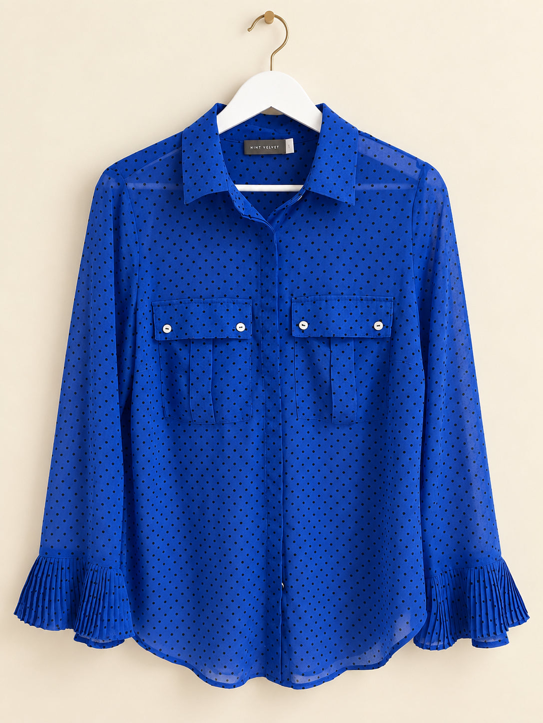 Blue Polka Dot Pleated Cuff Blouse