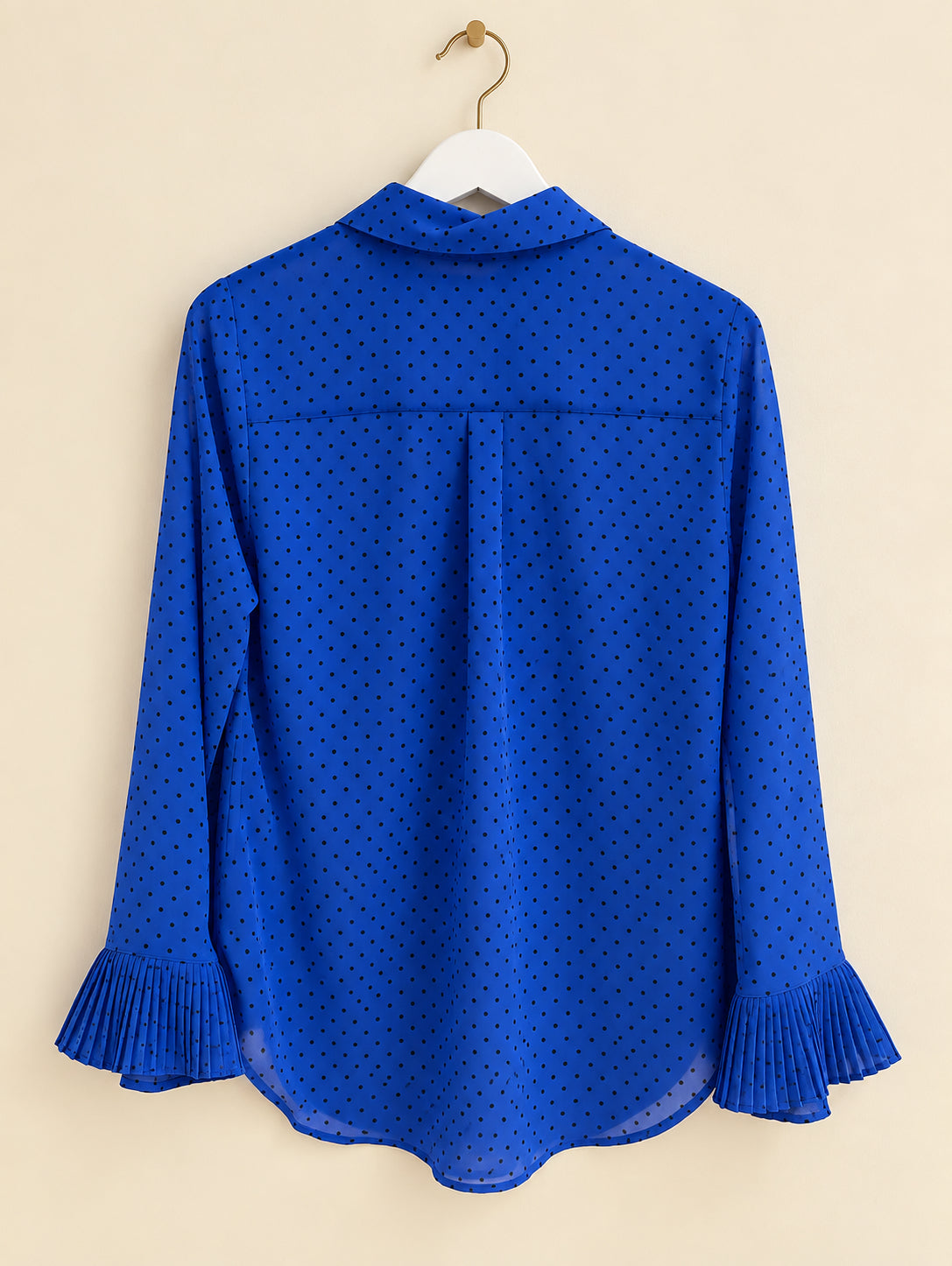 Blue Polka Dot Pleated Cuff Blouse