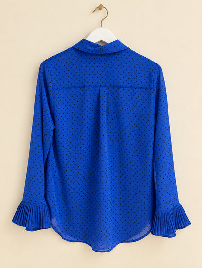 Blue Polka Dot Pleated Cuff Blouse