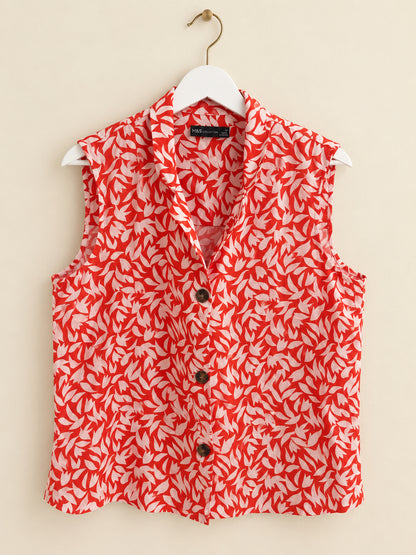 Women Red & White Leaf Print Collared Button-Up Blouse