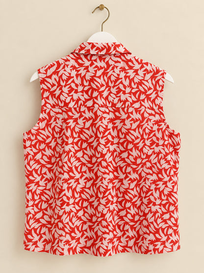 Women Red & White Leaf Print Collared Button-Up Blouse