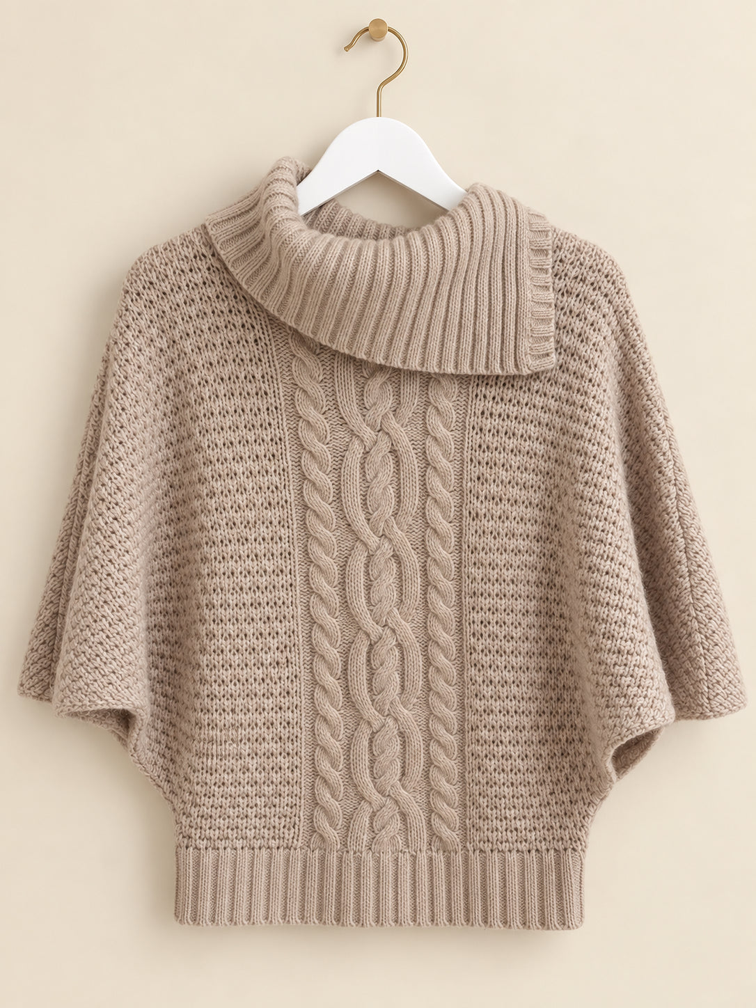 Beige Cable-Knit Chunky Oversized Cowl Neck 3/4 Sleeve Jumper