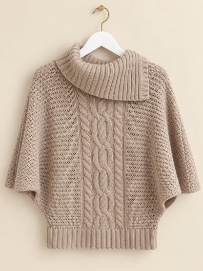 Beige Cable-Knit Chunky Oversized Cowl Neck 3/4 Sleeve Jumper