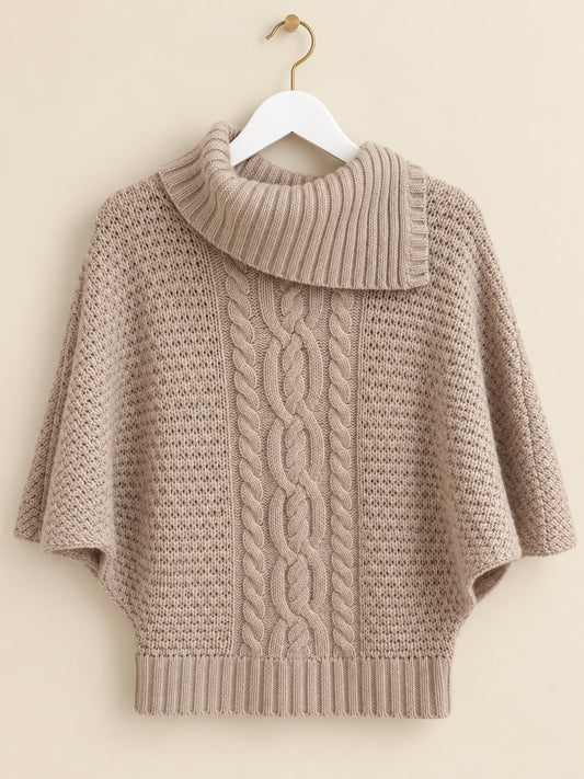 Beige Cable-Knit Chunky Oversized Cowl Neck 3/4 Sleeve Jumper