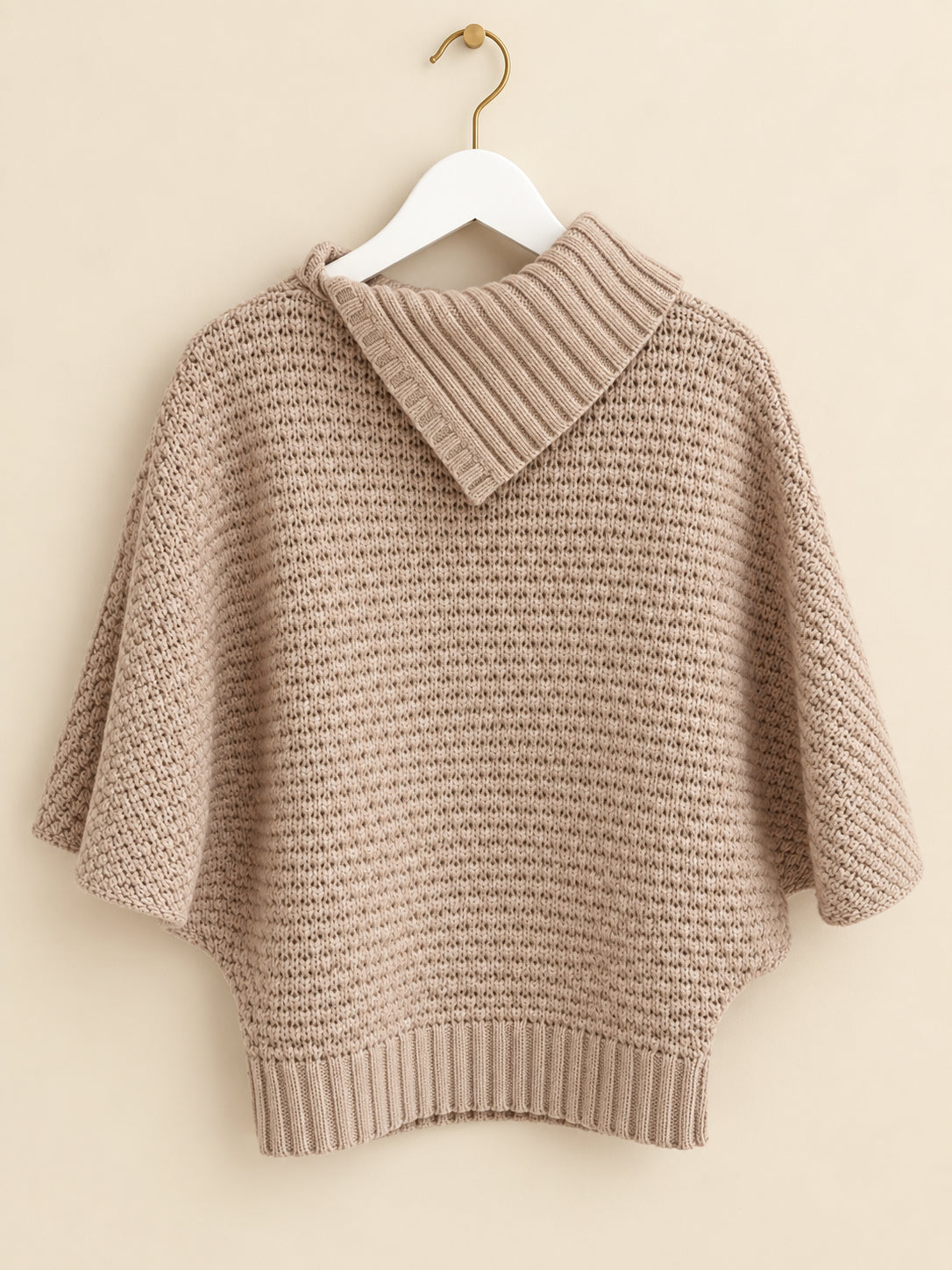 Beige Cable-Knit Chunky Oversized Cowl Neck 3/4 Sleeve Jumper