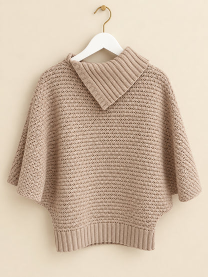 Beige Cable-Knit Chunky Oversized Cowl Neck 3/4 Sleeve Jumper