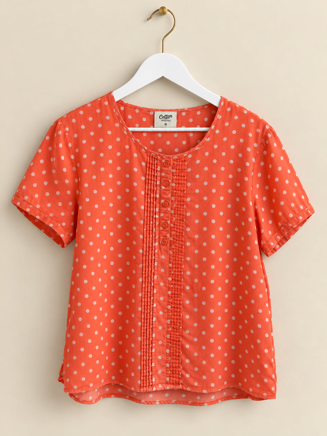 Orange & White Polka Dot Round Neck Button Blouse