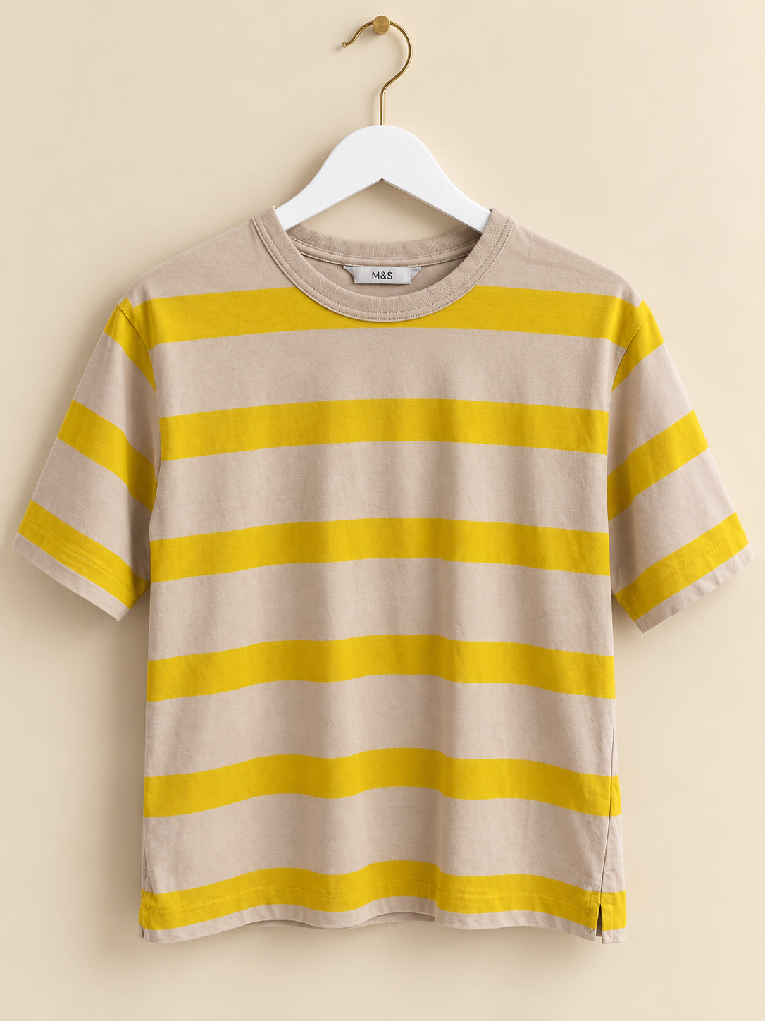 Beige & Yellow Striped Crew Neck Short Sleeve T-Shirt