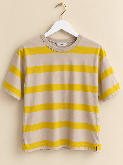 Beige & Yellow Striped Crew Neck Short Sleeve T-Shirt