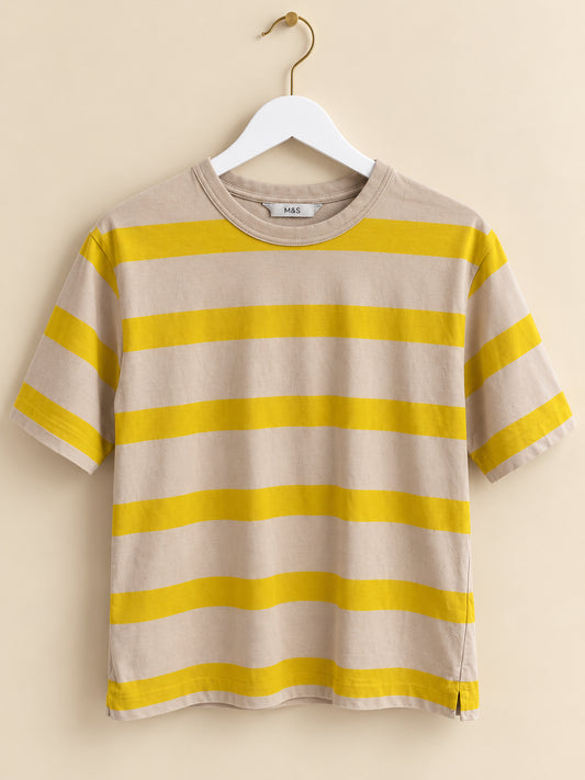 Beige & Yellow Striped Crew Neck Short Sleeve T-Shirt