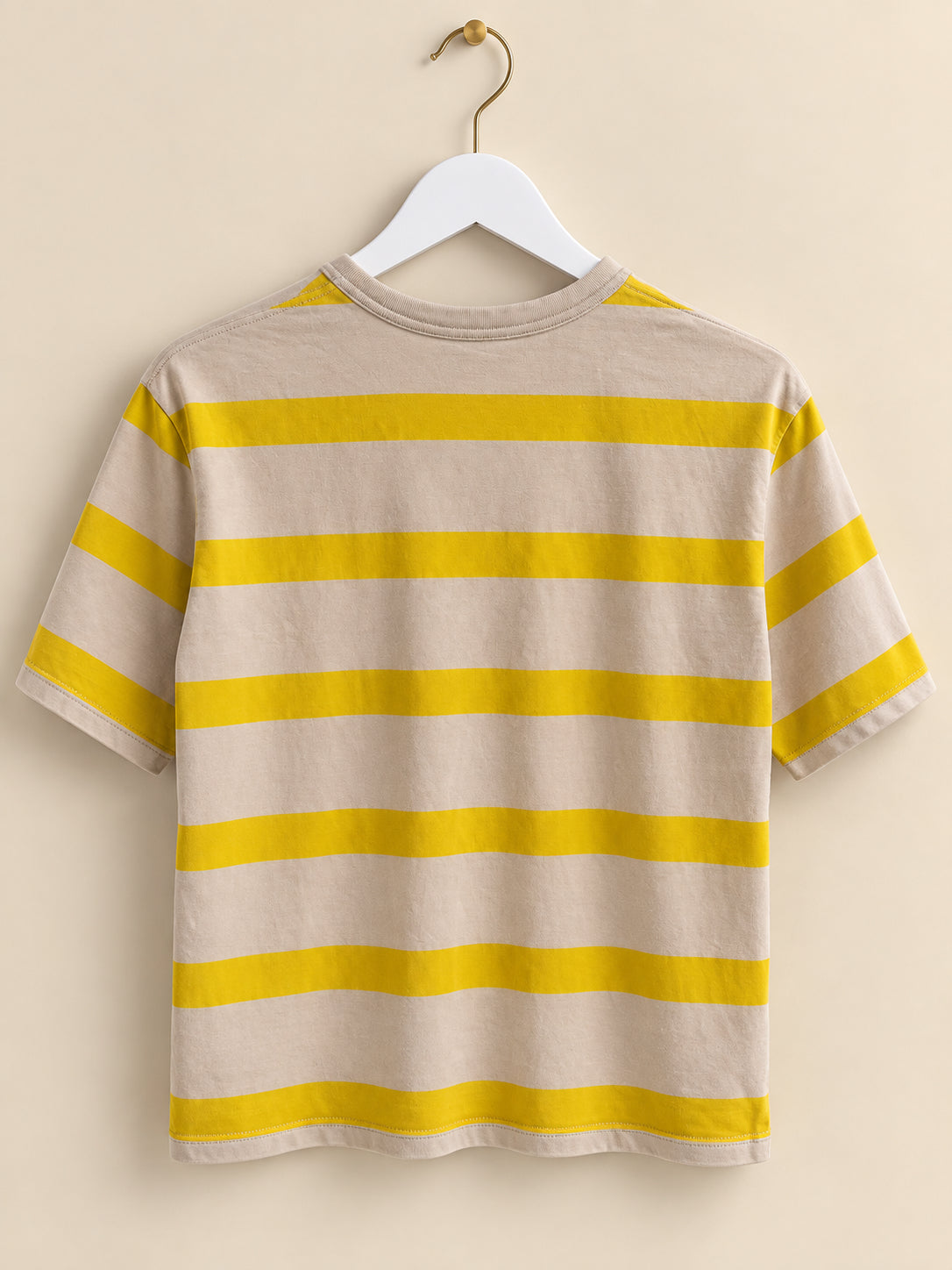 Beige & Yellow Striped Crew Neck Short Sleeve T-Shirt