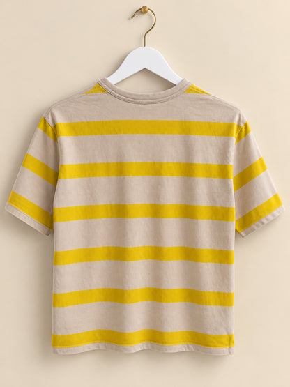 Beige & Yellow Striped Crew Neck Short Sleeve T-Shirt