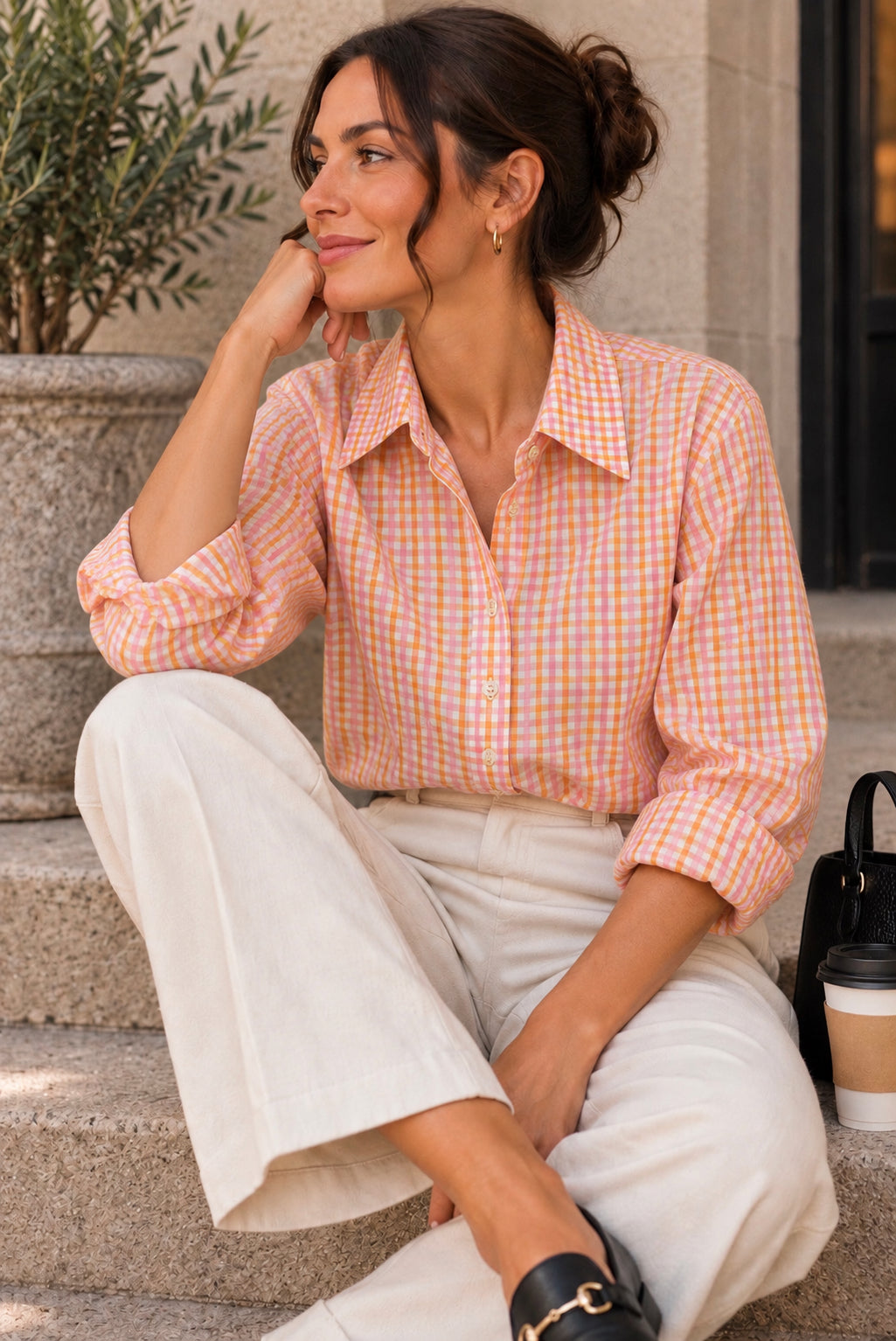Orange Pink & White Check Collared Button-Up Shirt