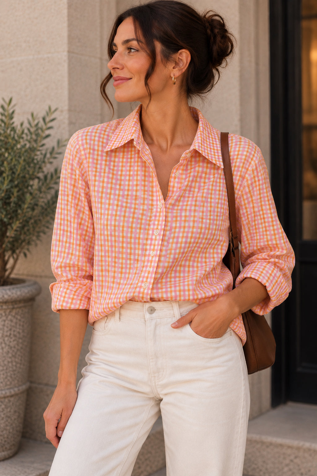 Orange Pink & White Check Collared Button-Up Shirt